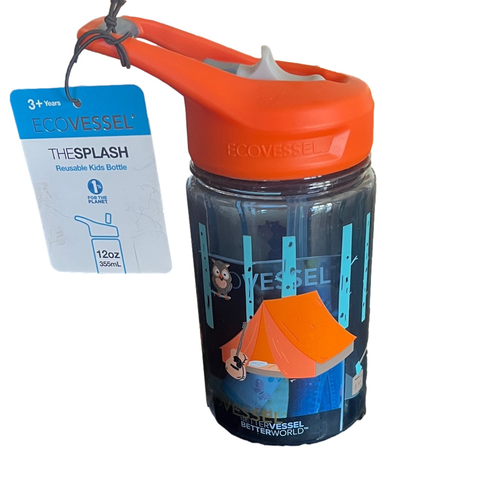 EcoVessel Splash Camping Design Kids Water Bottle with Orange Lid - 12 oz
